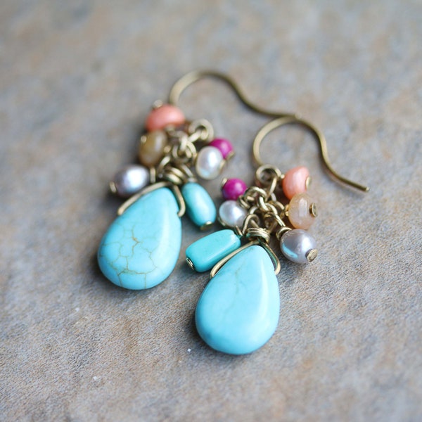 Blue Howlite Teardrops and Multi Stones Cluster Earrings, Gemstones and Bronze Earrings