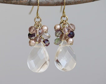 Clear Quartz Drops Cluster Earrings, Rainbow Fluorite Gemstone, Powder Almond Swarovski Pearls and Brass Earrings