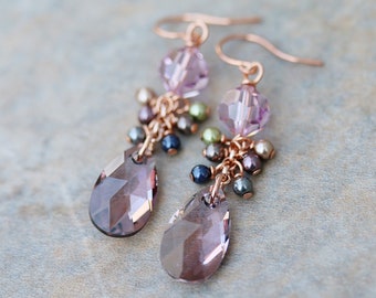 Light Amethyst Crystal Drops and Multicolor Pearls Cluster Earrings, Swarovski Elements and Copper Earrings, Gift For Her Earrings