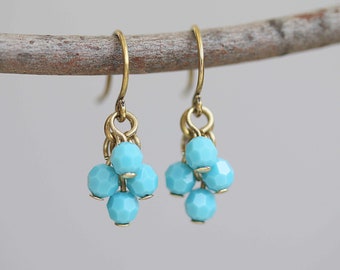 Swarovski Crystals and Brass Cluster Earrings, Turquoise Blue Crystals, Minimalist Earrings