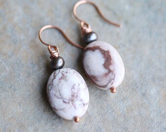 Oval Jasper and Genuine Pearl Beaded Dangle Earrings, Semiprecious Stone and Copper Earrings