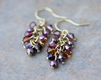 Pink Purple Swarovski Pearl and Crystals Cluster Earrings