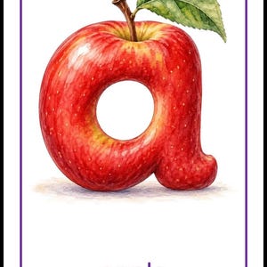 May include: A rectangular educational card featuring a watercolor illustration of a red apple shaped like the lowercase letter a, complete with a brown stem and a green leaf. The word apple is printed in purple text at the bottom of the card.