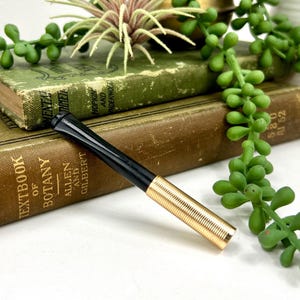 May include: A black and gold pen with a ribbed gold barrel and a black tip rests on top of two antique books. The books are green and brown with gold lettering. Green plants and a small brass vase are in the background.