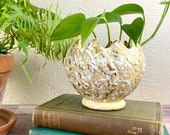 Mid Century Ceramic Planter - Splatter Paint - Pale Yellow - Gold Detail - Cache Pot - Toothed Edge - Globe Style Houseplant Container