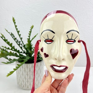 Ceramic Harlequin Wall Mask - Red Hearts - Court Jester Mask - Collectible Porcelain Mask - Hand Painted Wall Decor - Signed by the Artist