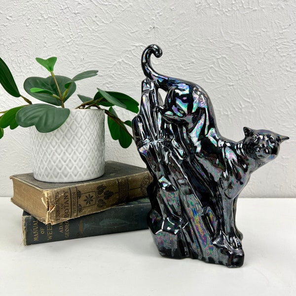 Ceramic Mountain Lion Statue - Cougar - Black Panther - Iridescent Mother of Pearl Finish - Oil Slick - Descending Rocks - Big Cat Lover