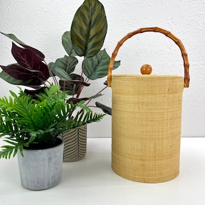 Tall Grass Cloth Ice Bucket - Faux Bamboo Handle - Mid Century Barware - Vintage Bottle Chiller - Bar Cart Accessory - Beach House Decor