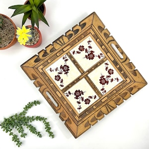 Carved Wood & Mexican Tile Tray - Floral Tile - Square Serving Tray - Handled Charcuterie Tray - Hand Carved - Folk Art - Cream - Brown