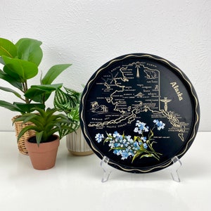 Alaska State Souvenir Tray - Black Tin Tray - Forget Me Not - Landmark Cities - Vintage Wall Decor - Collectible Plate - Travel Souvenir