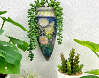 Japanese Pottery Wall Pocket - Yellow & Pink Florals on Blue - Narrow Wall Vase - Shabby Chic - Cottage Core - Raised Texture - Vintage Vase