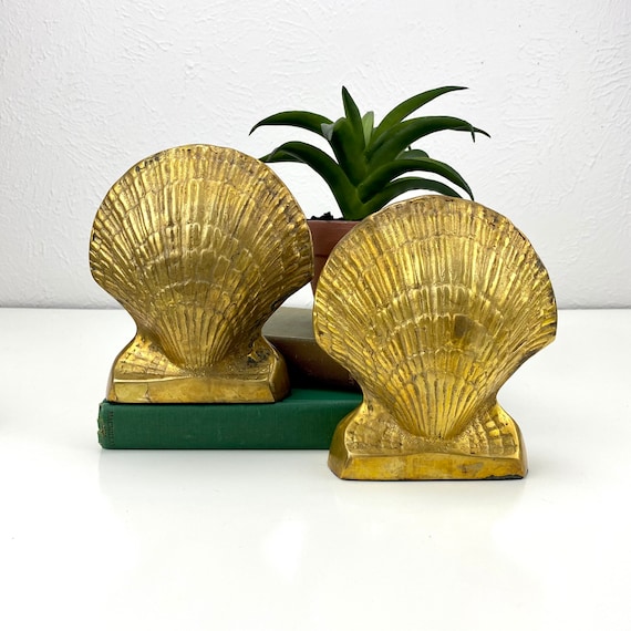 Brass Shell Bookends Set of Two Scallop Shell Heavyweight Seashell Decor  Home Library Doorstop Beach House Seaside Cottage 