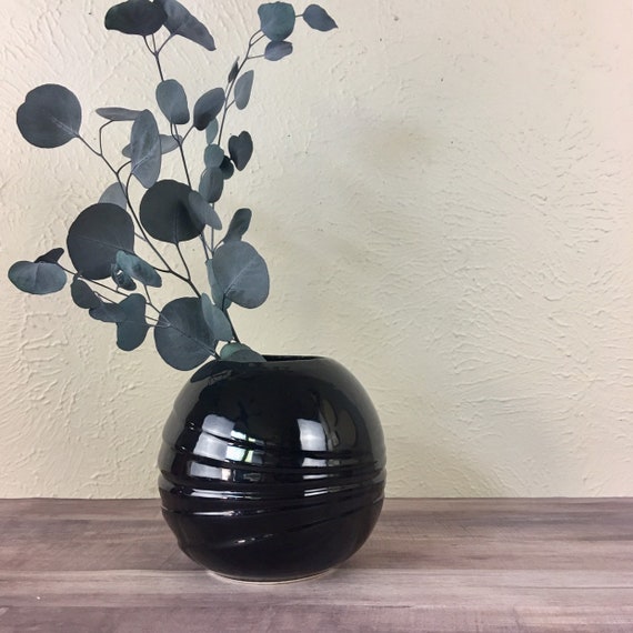Black Art Deco Vase Round Globe Linear Wrap Around Design Etsy