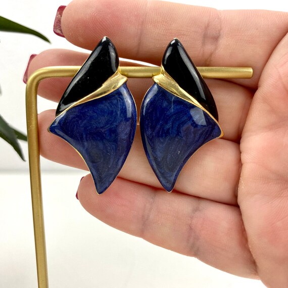 Vintage 80s Glam Earrings - Black & Blue Enamel -… - image 3