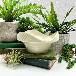May include: A cream-colored, wavy-edged ceramic bowl with a textured rim sits atop a stack of vintage green books. The bowl is surrounded by potted ferns and succulents, creating a natural, decorative display.