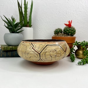 May include: A beige and brown decorative bowl with a geometric pattern in black and red. The bowl has a rounded shape and a dark brown interior. The background includes potted plants and books.