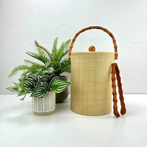 Tall Grass Cloth Ice Bucket - Faux Bamboo Handle & Tongs - Mid Century Barware - Bottle Chiller - Bar Cart Accessory - Beach House Decor