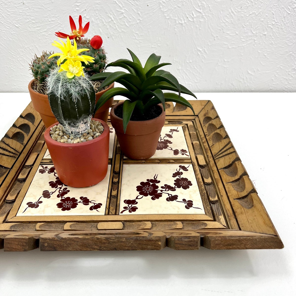 Carved Wood & Mexican Tile Tray - Floral Tile - Square Serving Tray - Handled Charcuterie Tray - Hand Carved - Folk Art - Cream - Brown - Etsy