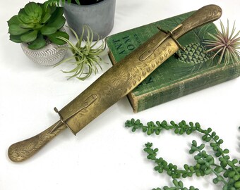 Vintage Chased Brass Carving Knife & Fork Set - Double Sheath Storage - Pressure Latch  - Hand Etched - Decorative Meat Carving Utensils