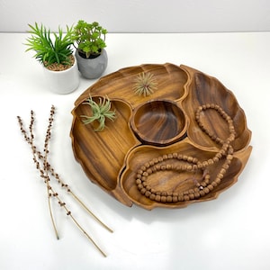 Wood Serving Set - Five Piece Service - Hand Carved Acacia Wood - Interlocking Bowls - Veggie Platter - Appetizer Buffet - Centerpiece Bowls