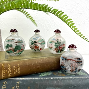 Hand Painted Glass Snuff Bottles - Boxed Set of Four - Four Seasons - Double Sided - Brocade Box - Collectible Chinoiserie - Reverse Painted