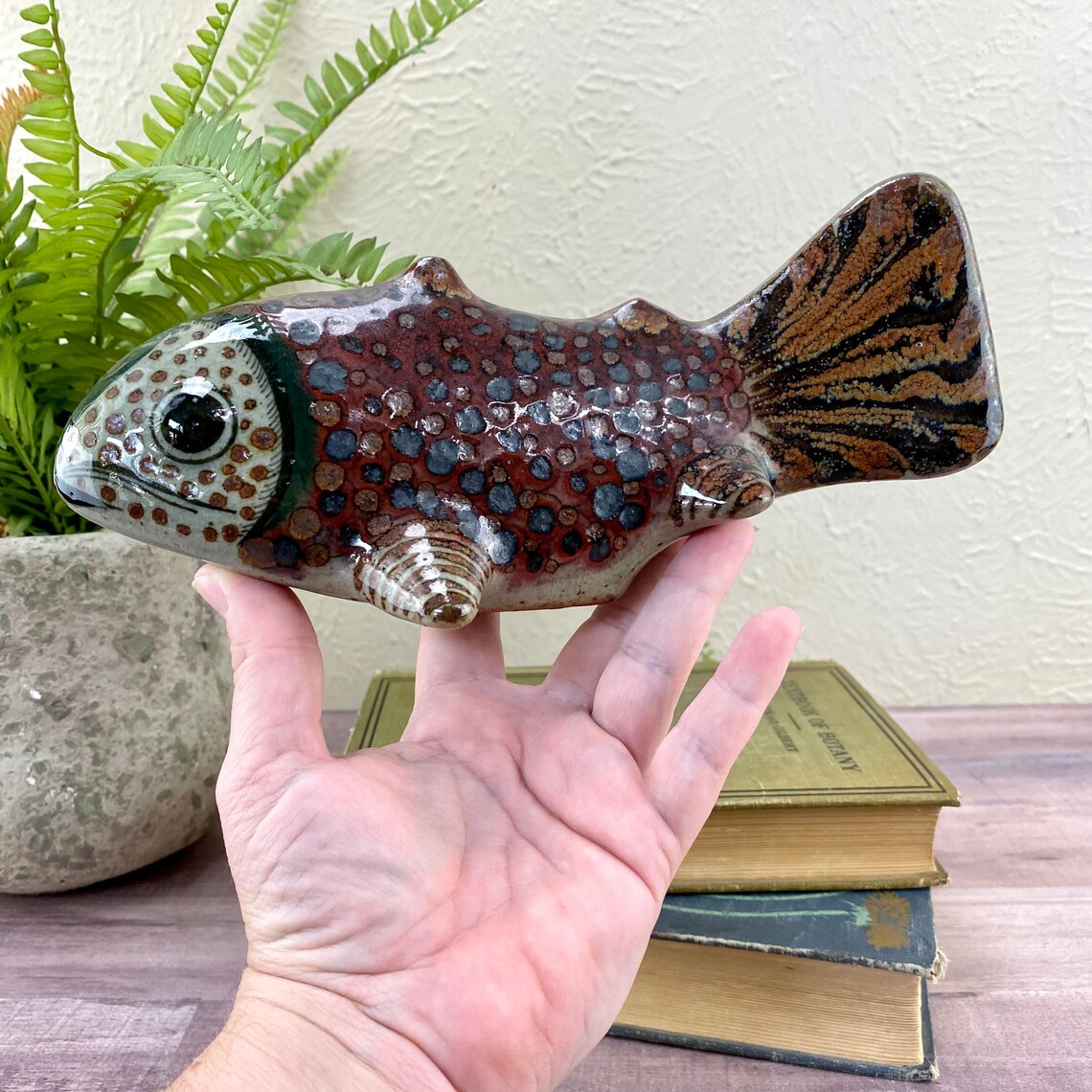 Pottery Fish Sculpture Spotted Fish Figurine Earth Tones Etsy
