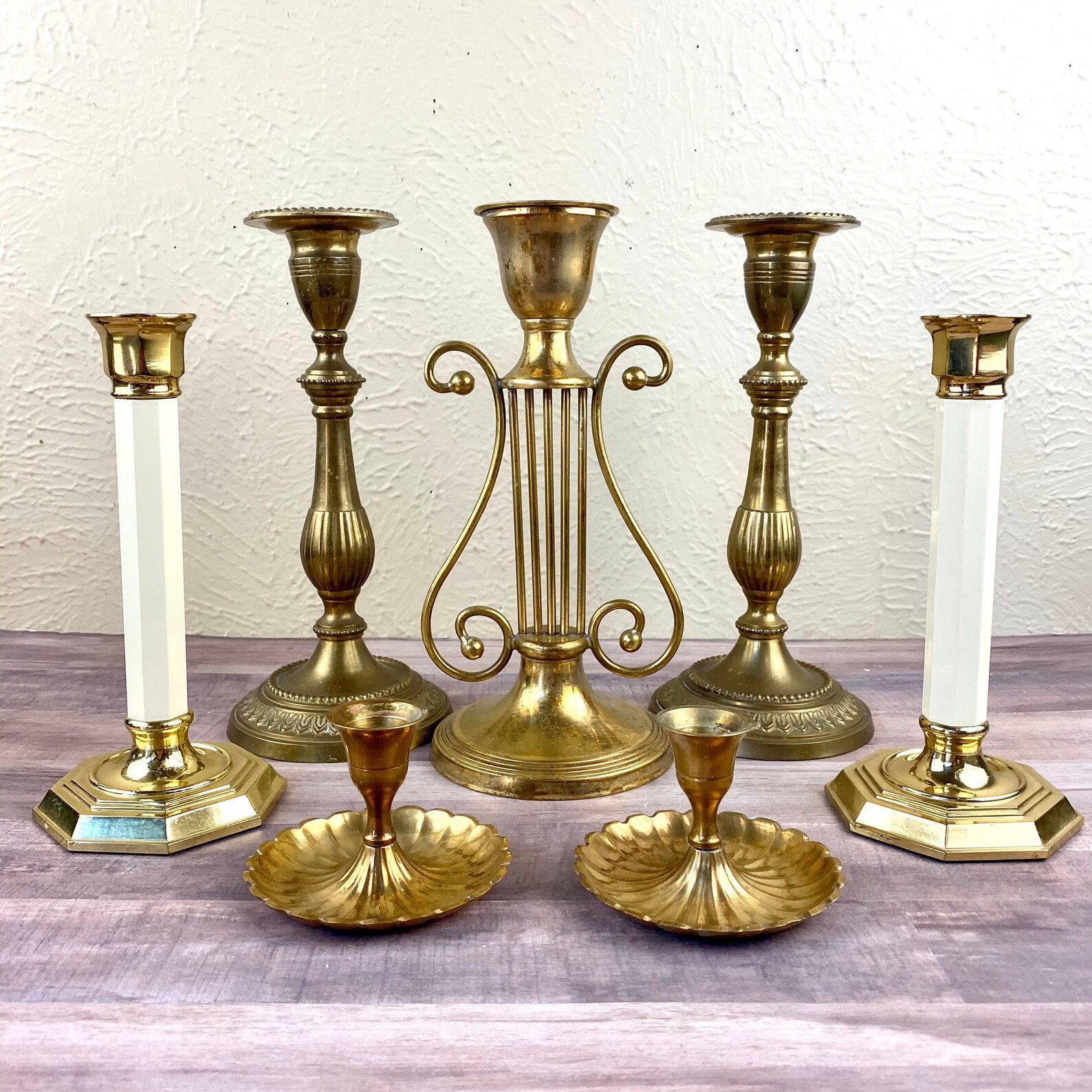 Vintage Brass Candlesticks Mixed Set of Seven Curated Etsy