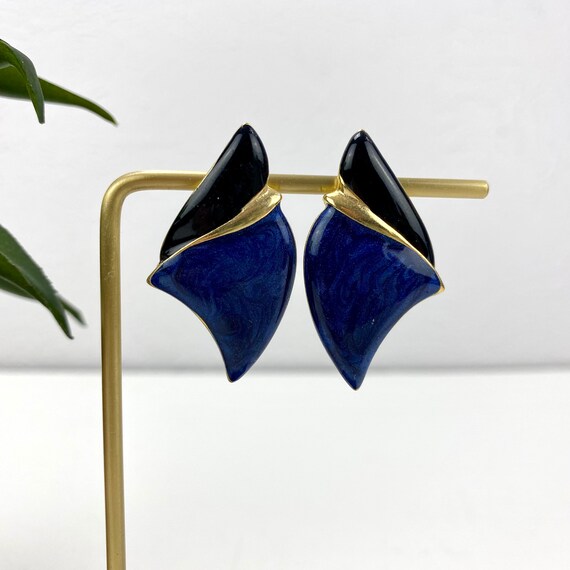 Vintage 80s Glam Earrings - Black & Blue Enamel -… - image 2