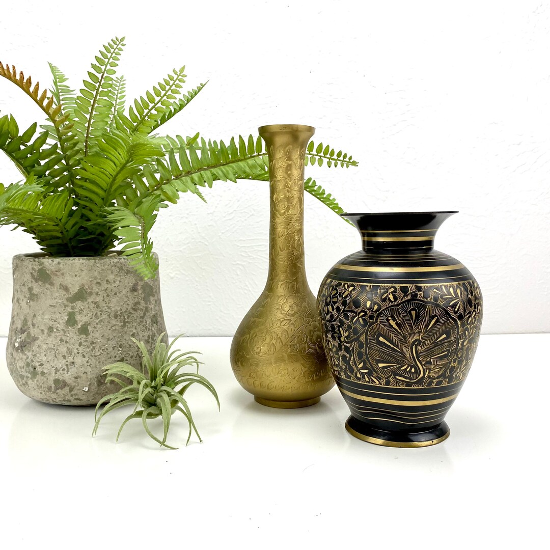 Two Tone Brass Peacock Vase Black & Gold Etched Brass Floral Bouquet