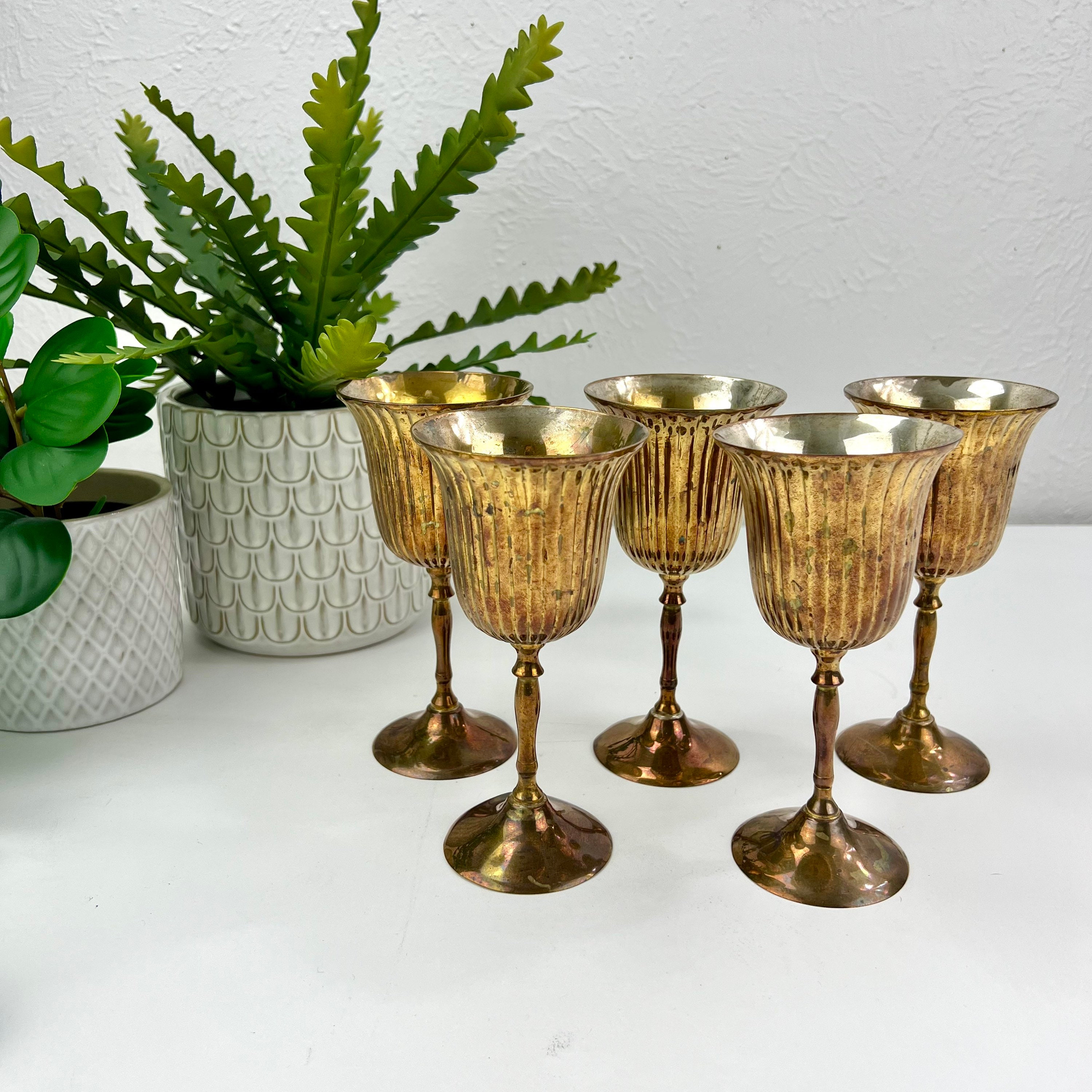 Fluted Brass Wine Glasses Set of Five Ribbed Cup Silver Lined Small Goblet  Glam Barware Slim Sculpted Stem Vintage Patina 