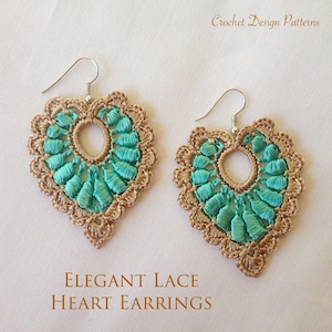 Elegant heart lace earrings crochet pdf pattern how to make jewelry crochet image 1