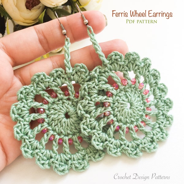 Ferris Wheel Earrings with Beads - pdf crochet pattern - easy crochet earrings | crochet jewelry | crochet for beginners