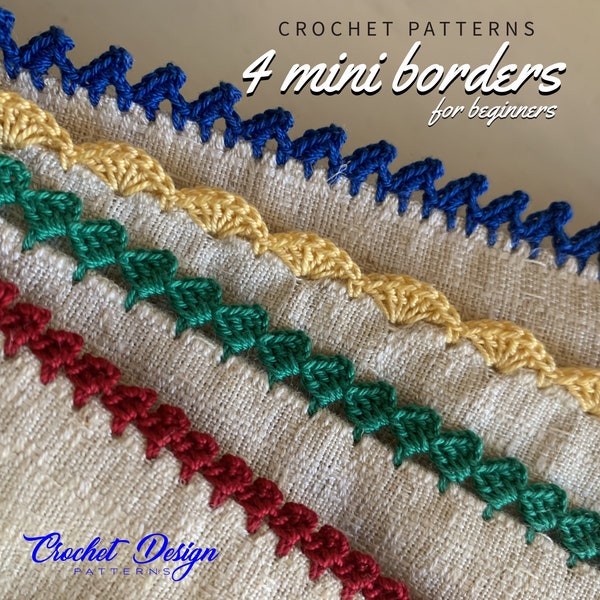 4 crochet patterns for mini borders on fabric for beginners - crochet borders bundle / e-book - picot, shell, square and mini borders