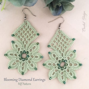 Earrings Crochet pattern of Blooming Diamond Earrings with beads, crochet flower earrings pattern, photo tutorial