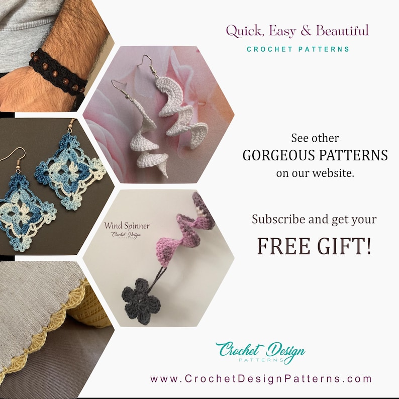 K&ouml;nnte beinhalten: H&auml;kelmuster f&uuml;r Ohrringe, einen Windf&auml;nger und andere Projekte. Das Bild enth&auml;lt den Text "Quick, Easy & Beautiful Crochet Patterns", "See other GORGEOUS PATTERNS on our website", "Subscribe and get your FREE GIFT!" und "Crochet Design Patterns www.CrochetDesignPatterns.com".
