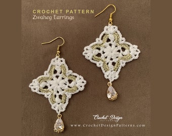 Zwaheg Square Earrings Crochet Pattern Classical Lacy Motif in 2 Colors with Pendant |  boho and chic style | Instant digital download