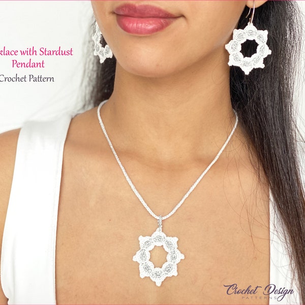 crochet Wedding necklace with stardust pendant crochet pdf pattern + video tutorial - how to make jewelry crochet