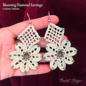 Earrings Crochet pattern of Blooming Diamond Earrings with beads, crochet flower earrings pattern, photo tutorial pdf pattern