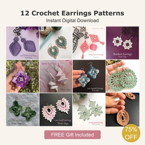 12 Crochet Earrings Pattern E-book: Lace, Hearts, Squares (PDF Download)