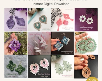 12 Crochet Earrings Pattern E-book: Lace, Hearts, Squares (PDF Download)