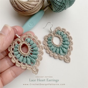 Elegant heart lace earrings crochet pdf pattern - how to make jewelry crochet