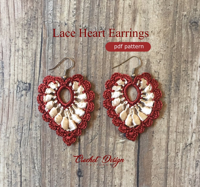 Elegant heart lace earrings crochet pdf pattern how to make jewelry crochet image 2