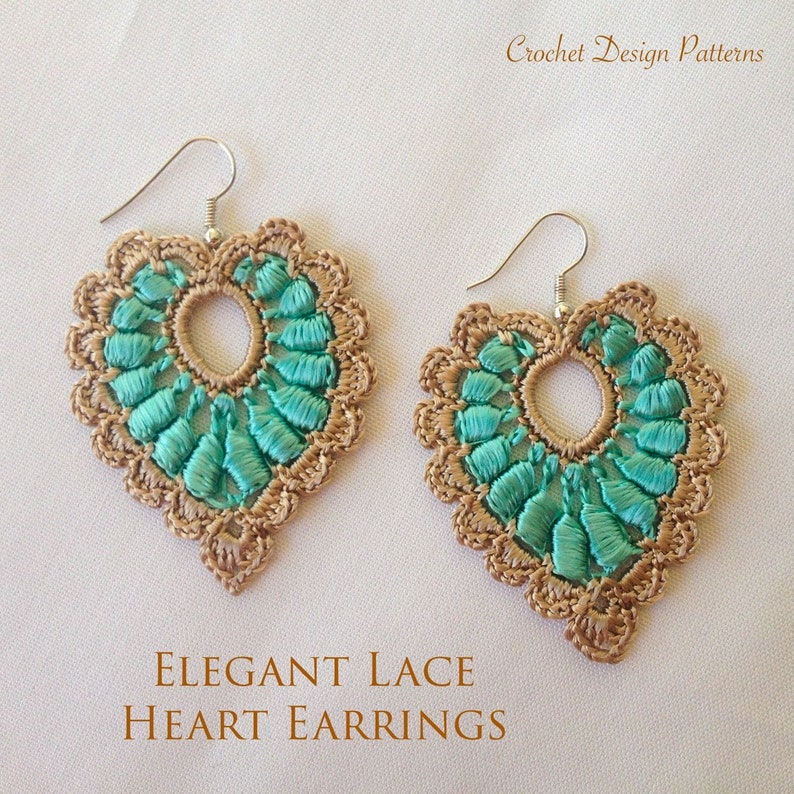 Elegant heart lace earrings crochet pdf pattern  how to make image 0