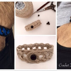K&ouml;nnte beinhalten: Drei verschiedene geh&auml;kelte Armb&auml;nder f&uuml;r M&auml;nner. Das erste Armband ist schwarz und blau mit einem geometrischen Muster. Das zweite Armband ist beige mit einem Knopfverschluss. Das dritte Armband ist schwarz mit braunen Holzperlen.