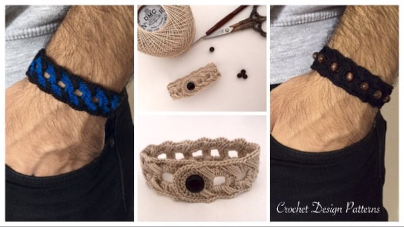 K&ouml;nnte beinhalten: Drei verschiedene geh&auml;kelte Armb&auml;nder f&uuml;r M&auml;nner. Das erste Armband ist schwarz und blau mit einem geometrischen Muster. Das zweite Armband ist beige mit einem Knopfverschluss. Das dritte Armband ist schwarz mit braunen Holzperlen.