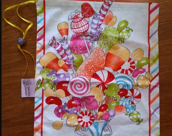 CANDY! knitting / crochet drawstring project bag: red, orange, yellow, green, blue, purple, pink RAINBOW watercolor lollipops & jelly beans