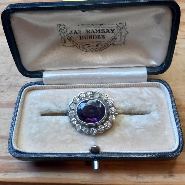 VICTORIAN AMETHYST GLASS  and paste halo brooch