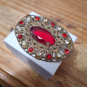 Könnte beinhalten: Eine Vintage-Brosche mit einem großen roten Glasstein, umgeben von einem filigranen Design mit kleineren roten und klaren Strasssteinen.
