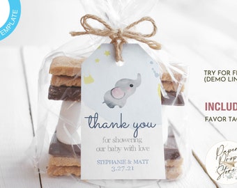 Baby Elephant Boy Baby Shower Thank you Favor Tag Template