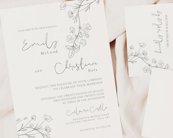 Minimal Floral Monochrome Wedding Invitation, RSVP card and details insert - PALOMA